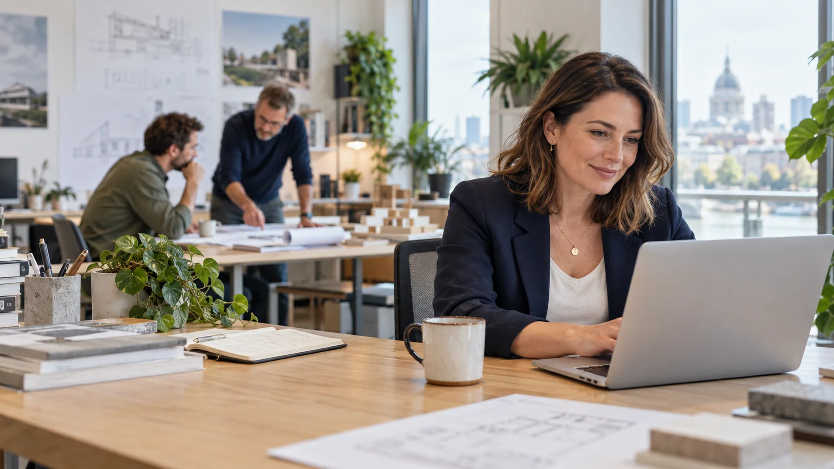 Illustrative business owner working at her laptop in a bright office